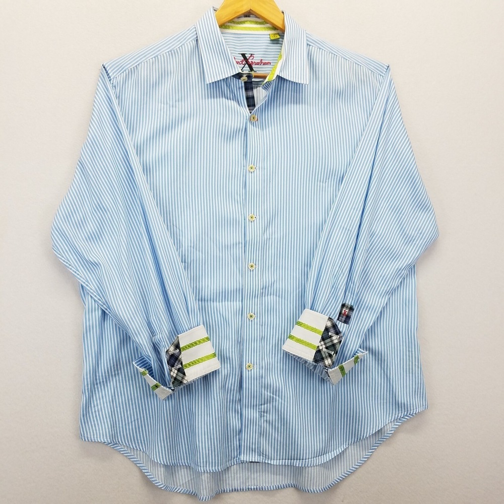Robert Graham X Collection Shirt Mens 2XL Blue Striped Flip French Ribbon Cuff